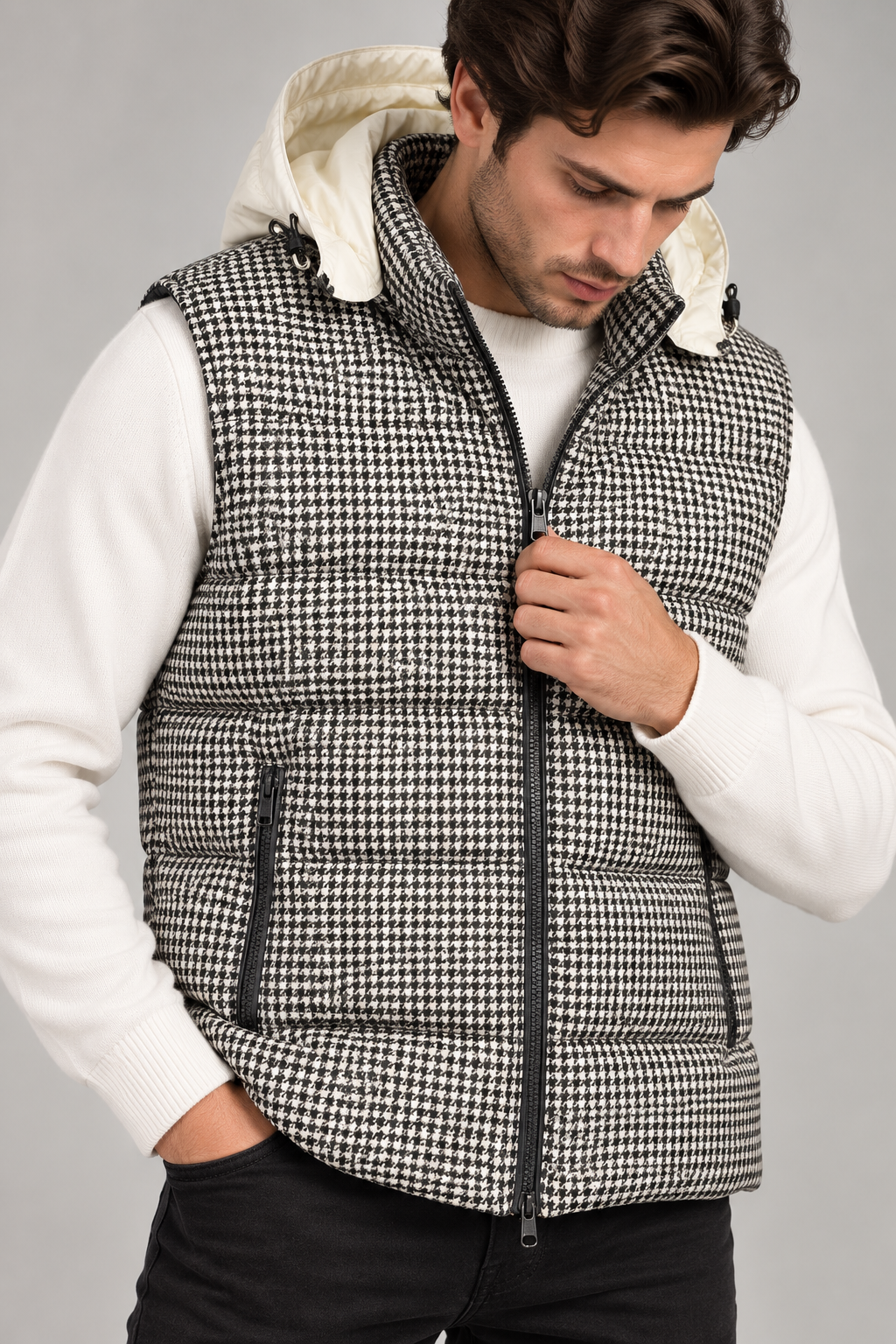 Sartorial İstanbul İtalyan Kumaş Kaz Tüyü Dolgulu Kapüşonlu Yelek