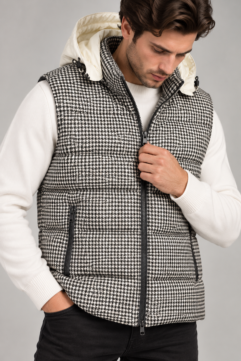 Sartorial İstanbul siyah ekru kazayağı desenli kaz tüyü dolgulu yelek önden yakın görünüm
