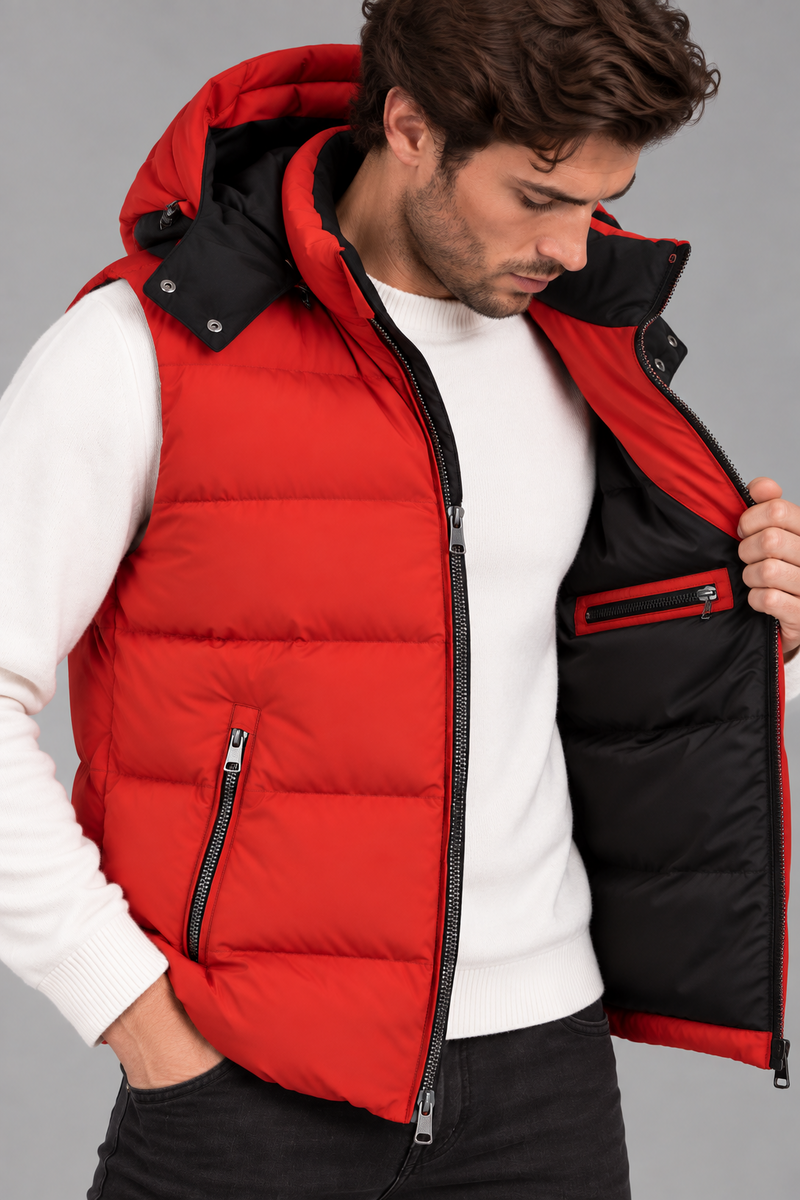 Sartorial İstanbul kırmızı teknik su geçirmez kumaş kaz tüyü dolgulu yelek önden detay görünüm