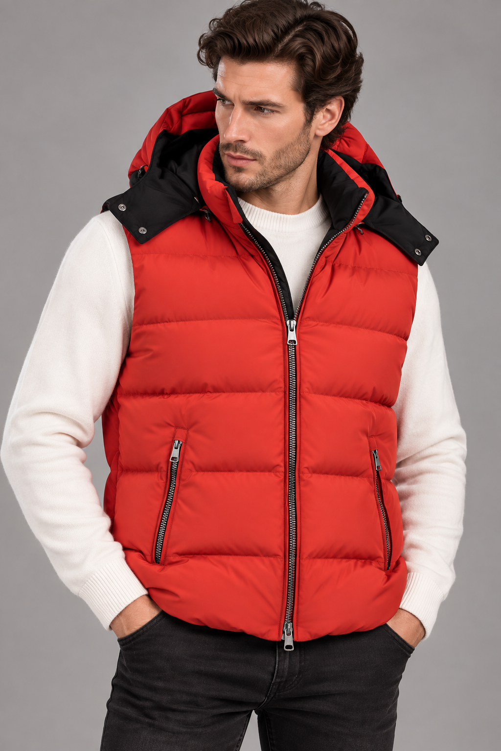 Sartorial İstanbul Kırmızı İtalyan Teknik Kumaş Kaz Tüyü Dolgulu Yelek