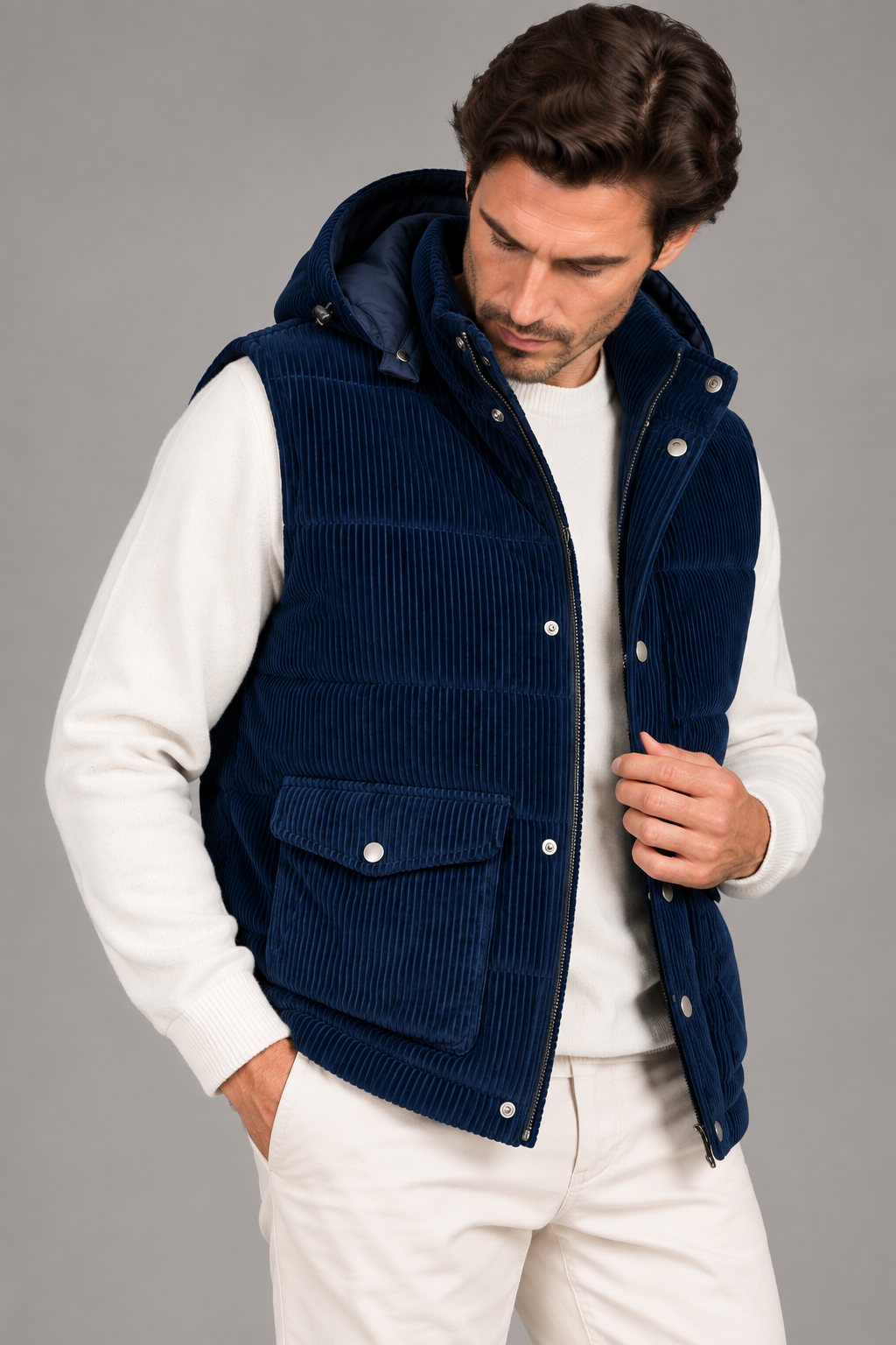Sartorial İstanbul Lacivert Fitilli Kadife Kaz Tüyü Dolgulu Yelek