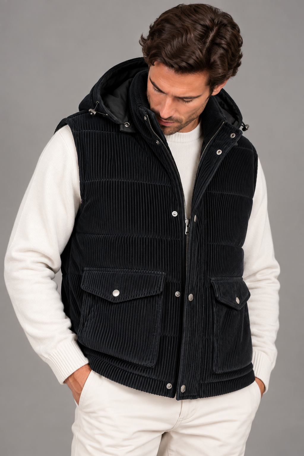 Sartorial İstanbul Siyah Fitilli Kadife Kaz Tüyü Dolgulu Yelek