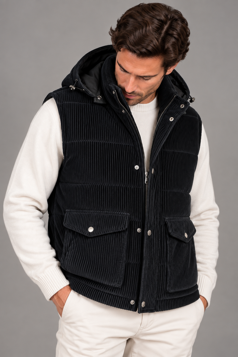 Sartorial İstanbul siyah fitilli kadife kaz tüyü dolgulu yelek önden görünüm