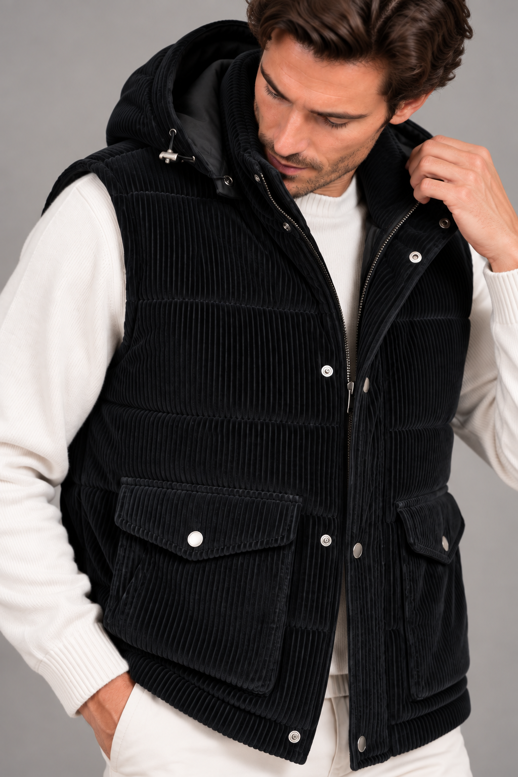 Sartorial İstanbul Siyah Fitilli Kadife Kaz Tüyü Dolgulu Yelek