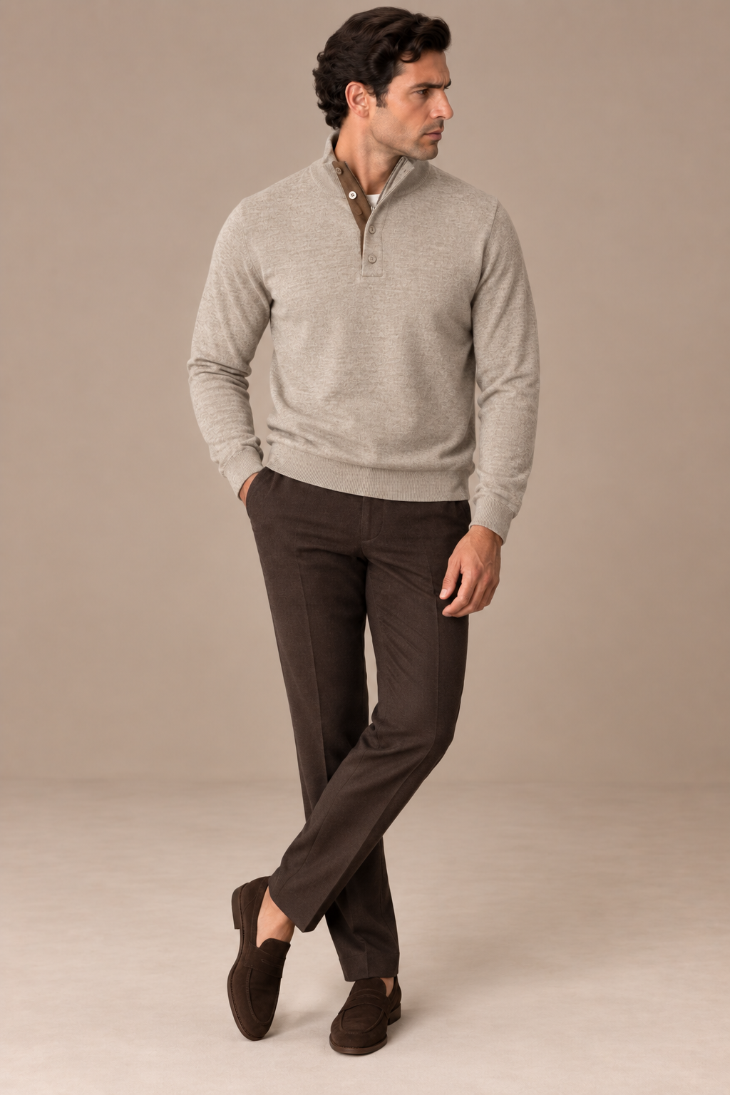 Sartorial İstanbul %100 Yün Yarım Balıkçı Yaka Düğmeli Triko - Açık Vizon
