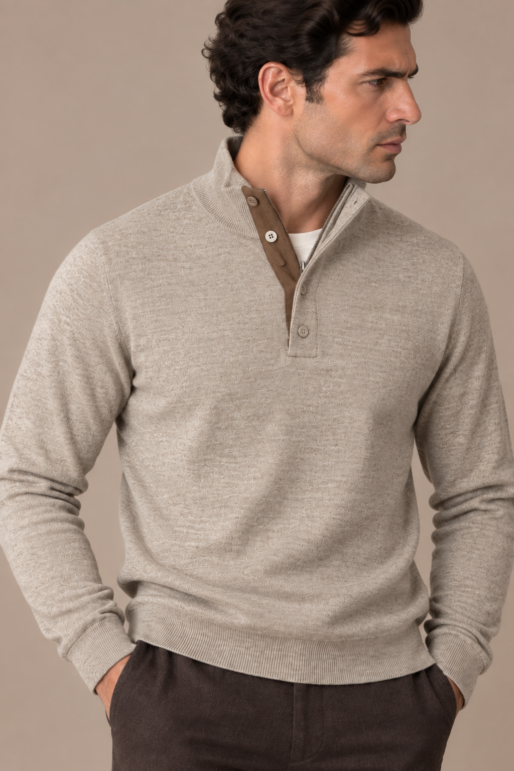 Sartorial İstanbul %100 Yün Yarım Balıkçı Yaka Düğmeli Triko - Açık Vizon