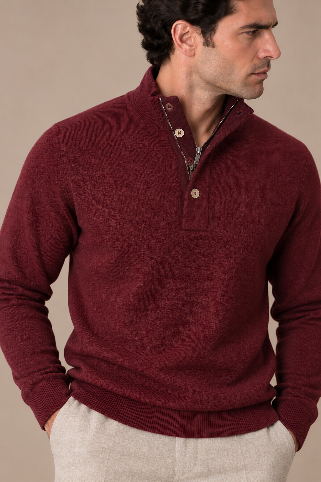 Sartorial İstanbul %100 Yün Yarım Balıkçı Yaka Düğmeli Triko - Bordo