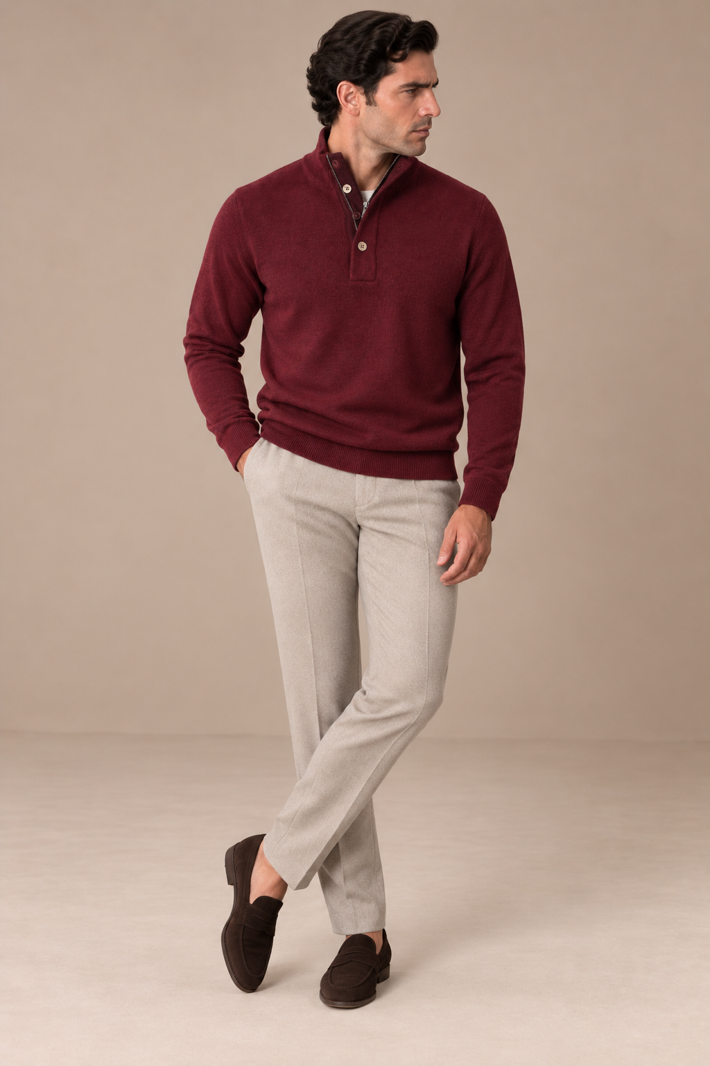 Sartorial İstanbul %100 Yün Yarım Balıkçı Yaka Düğmeli Triko - Bordo